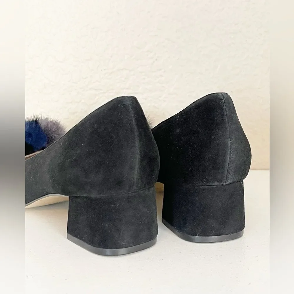 Bettye Muller Black and Blue Fur Accent Heels 8
